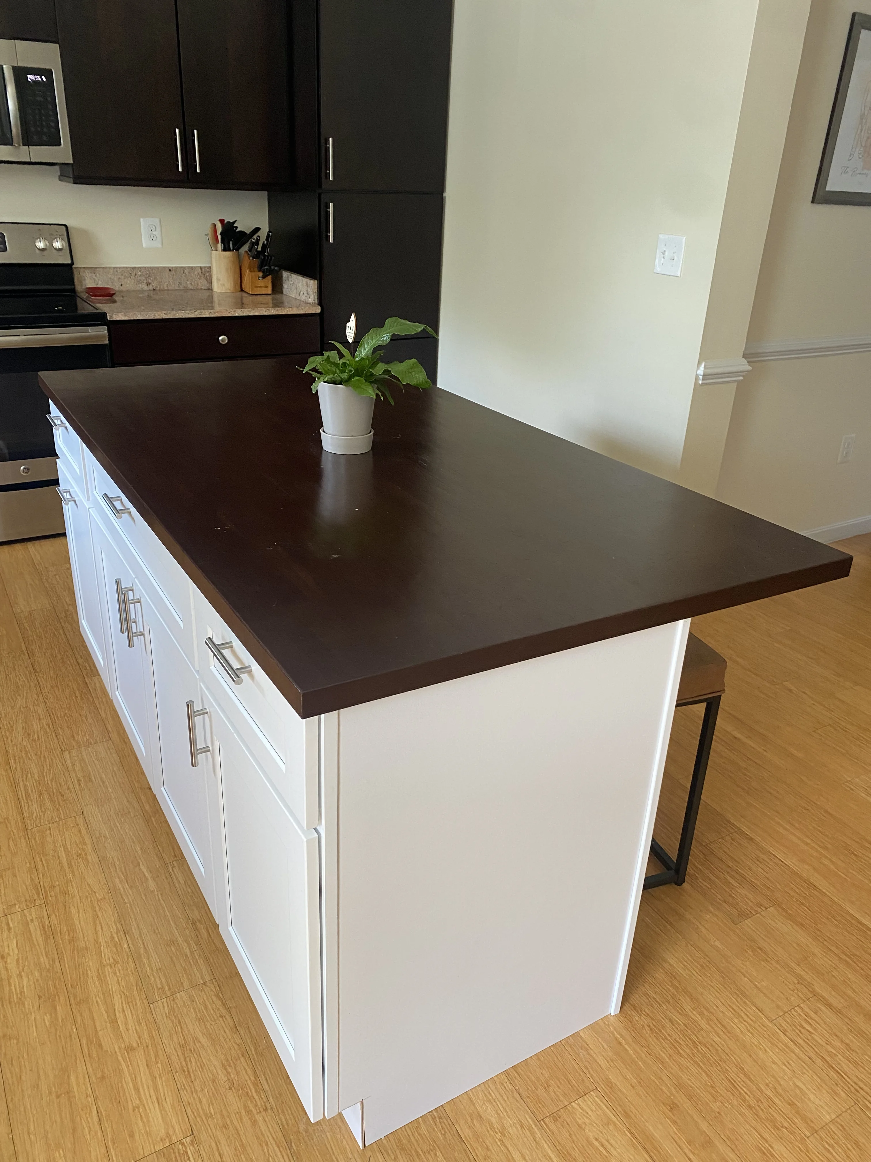 Kitchen island with stained top, Anacostia residence