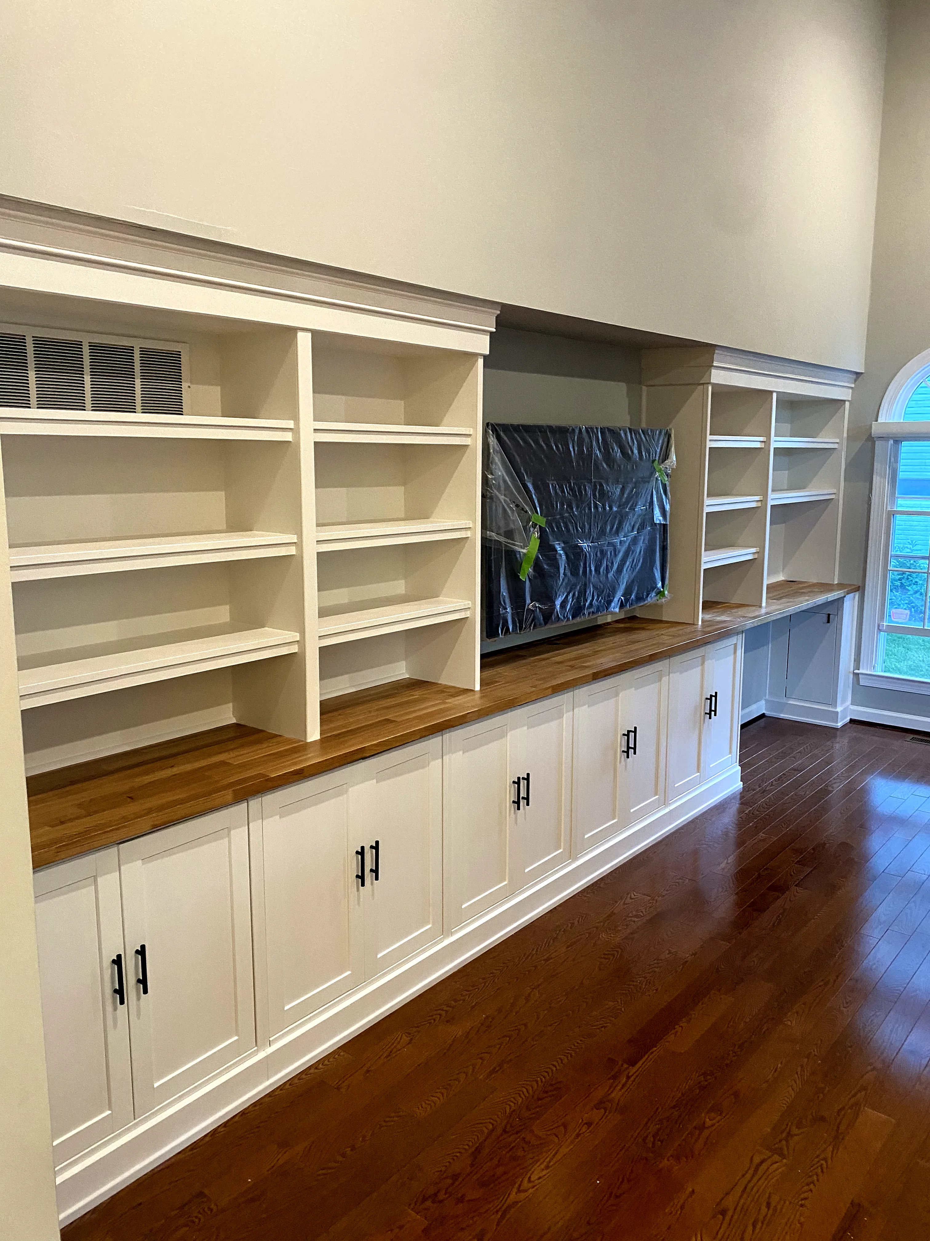 Media wall from the corner, butcher-block top